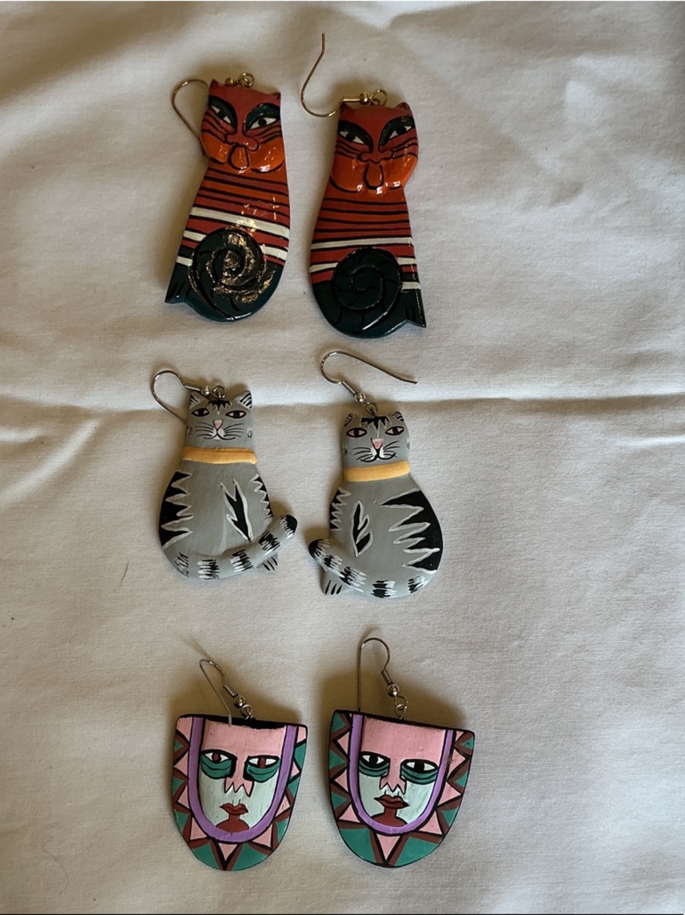 Hand-Painted Wood Cat & Mask Earring Bundle